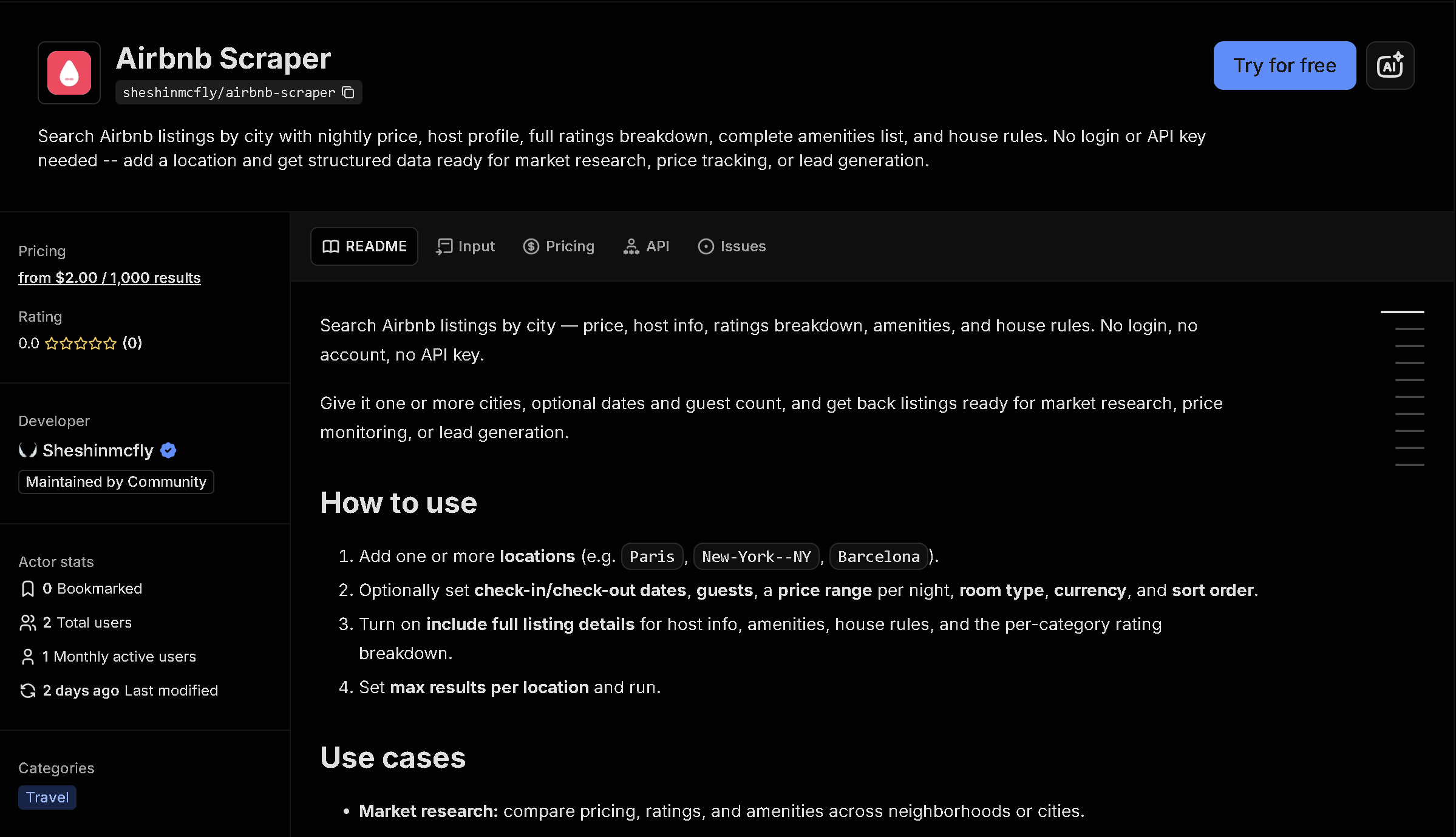 Airbnb Scraper tool page on Apify