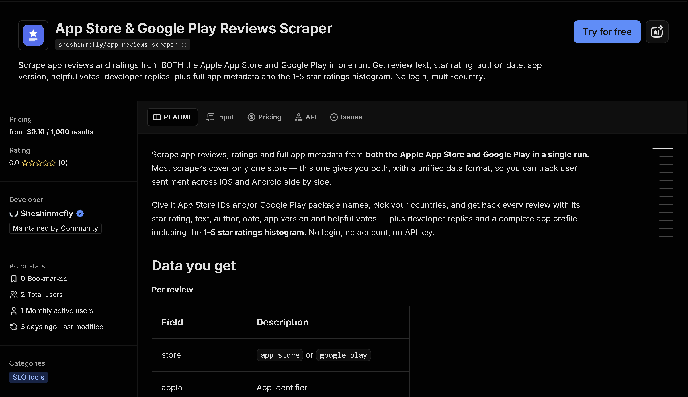 App Store & Google Play Reviews Scraper tool page on Apify