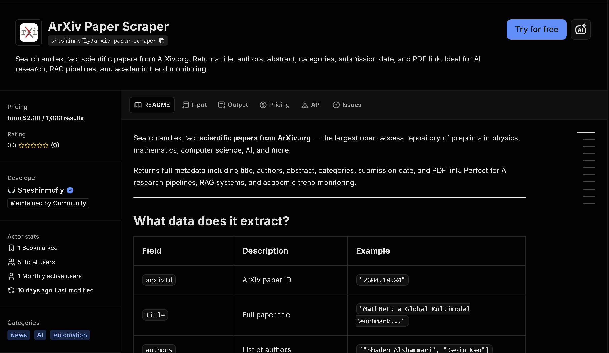 ArXiv Paper Scraper tool page on Apify