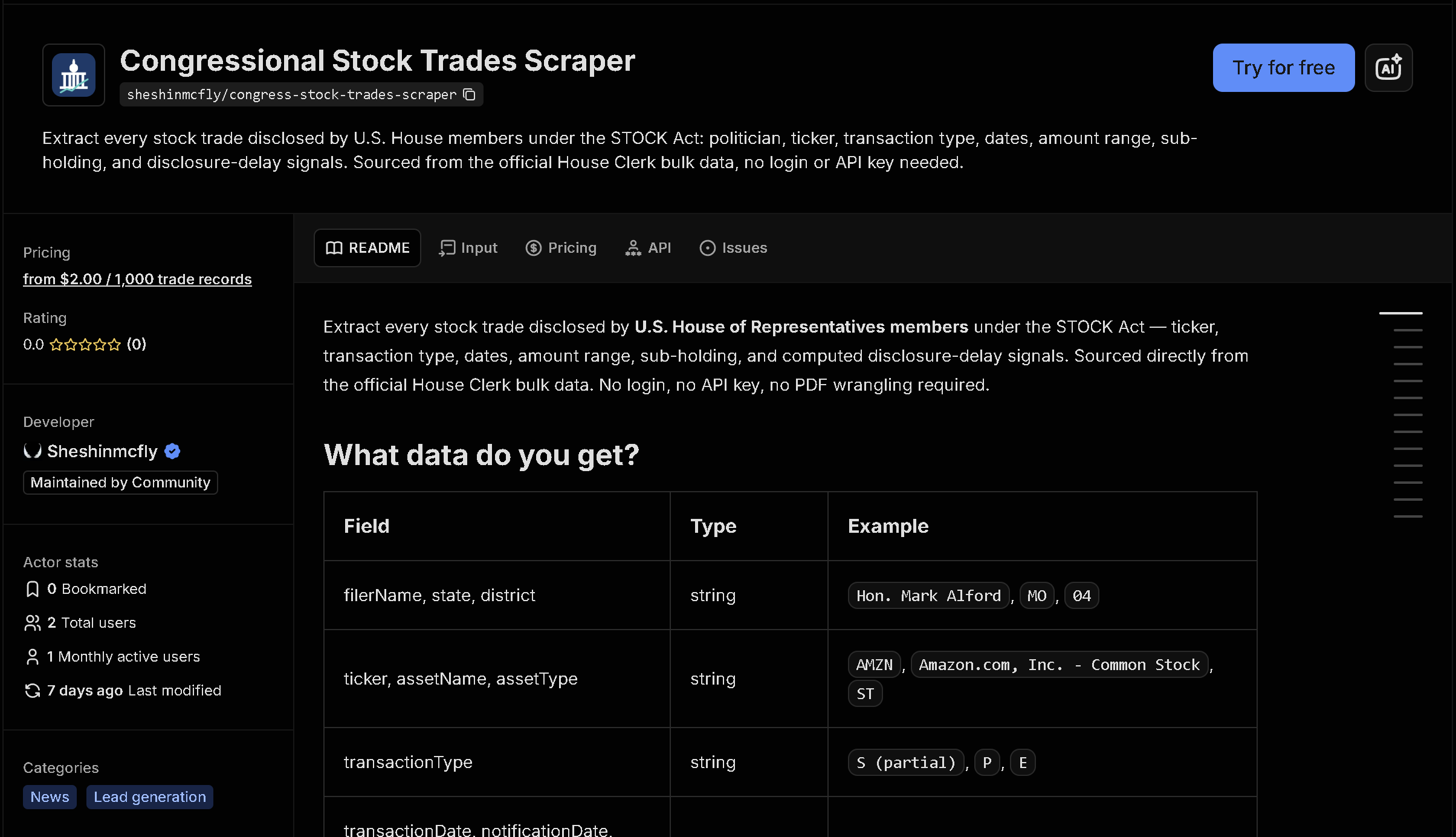 Congressional Stock Trades Scraper tool page on Apify