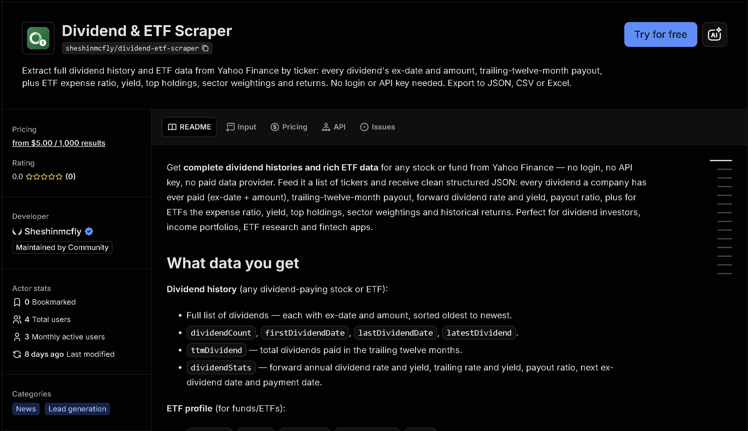Dividend & ETF Scraper tool page on Apify
