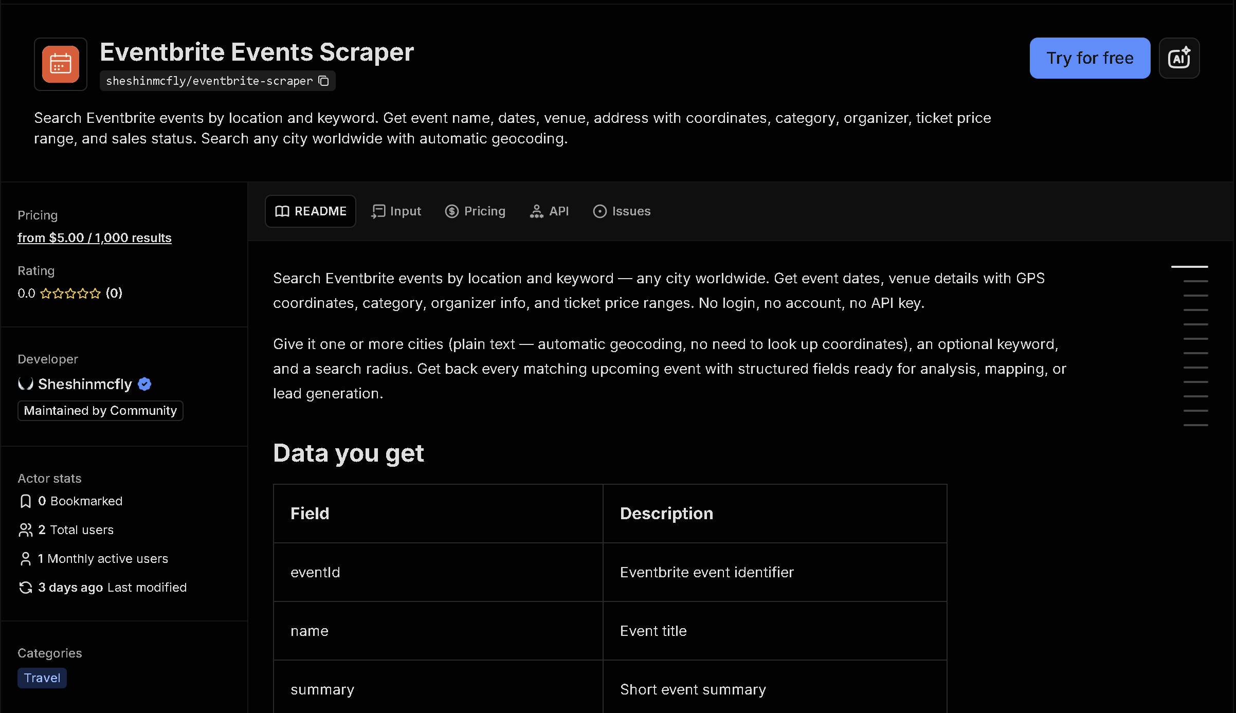 Eventbrite Events Scraper tool page on Apify