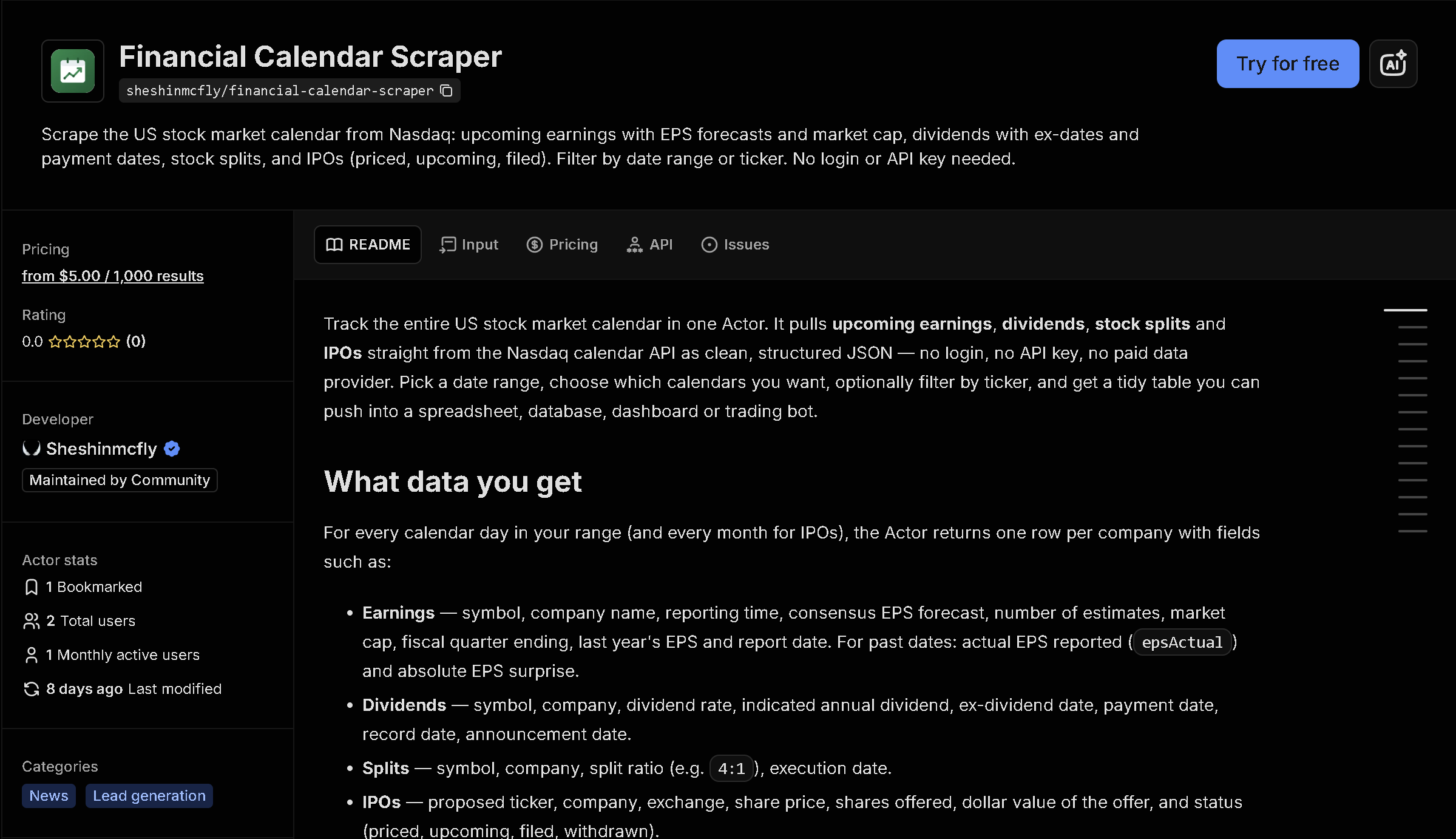 Financial Calendar Scraper tool page on Apify