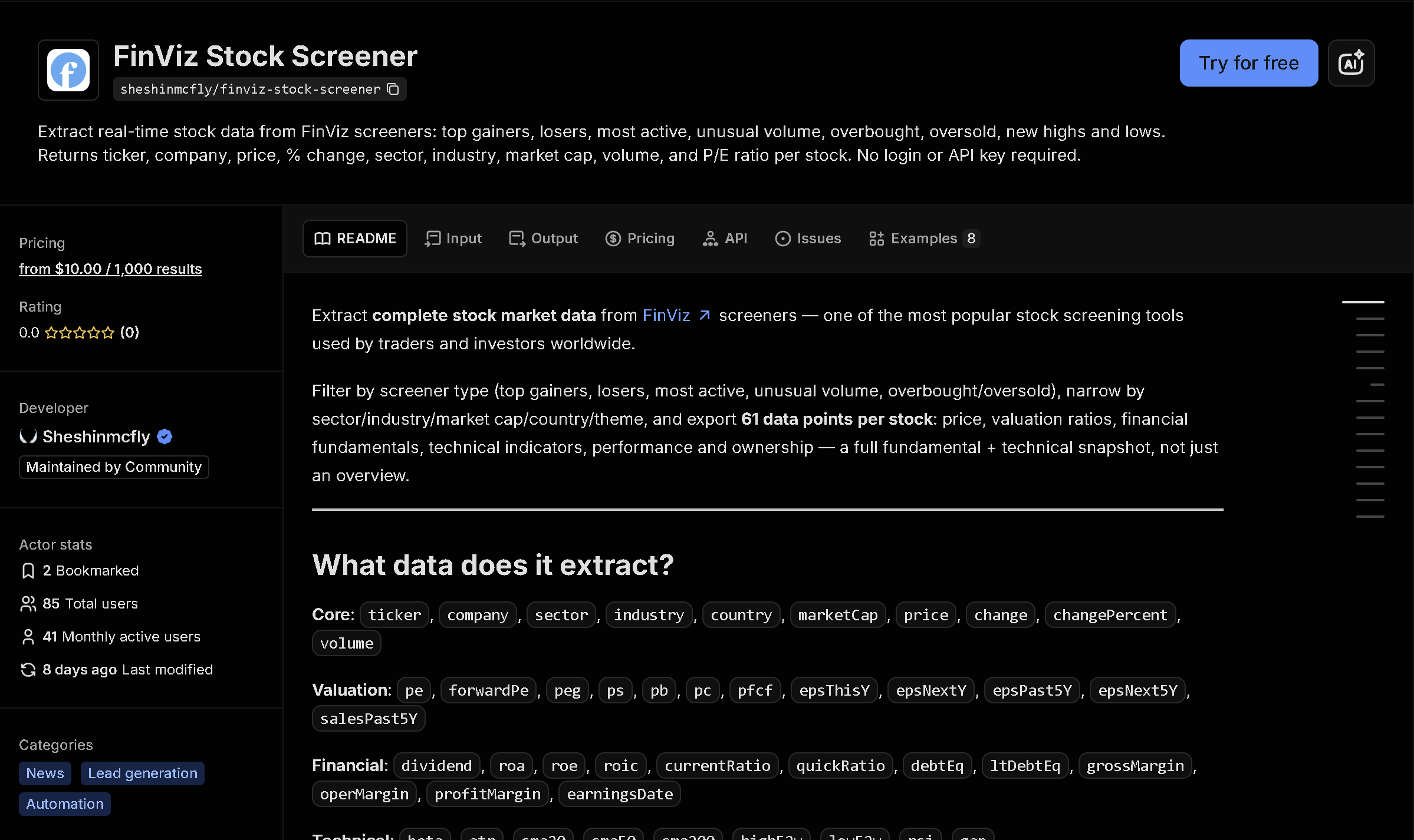 FinViz Stock Screener tool page on Apify
