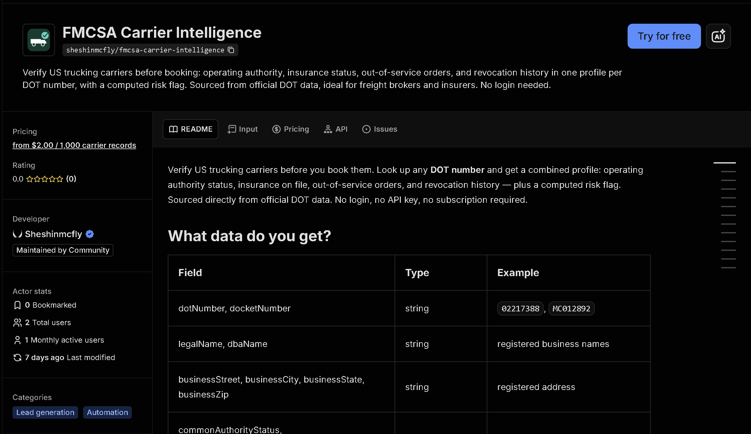 FMCSA Carrier Intelligence tool page on Apify