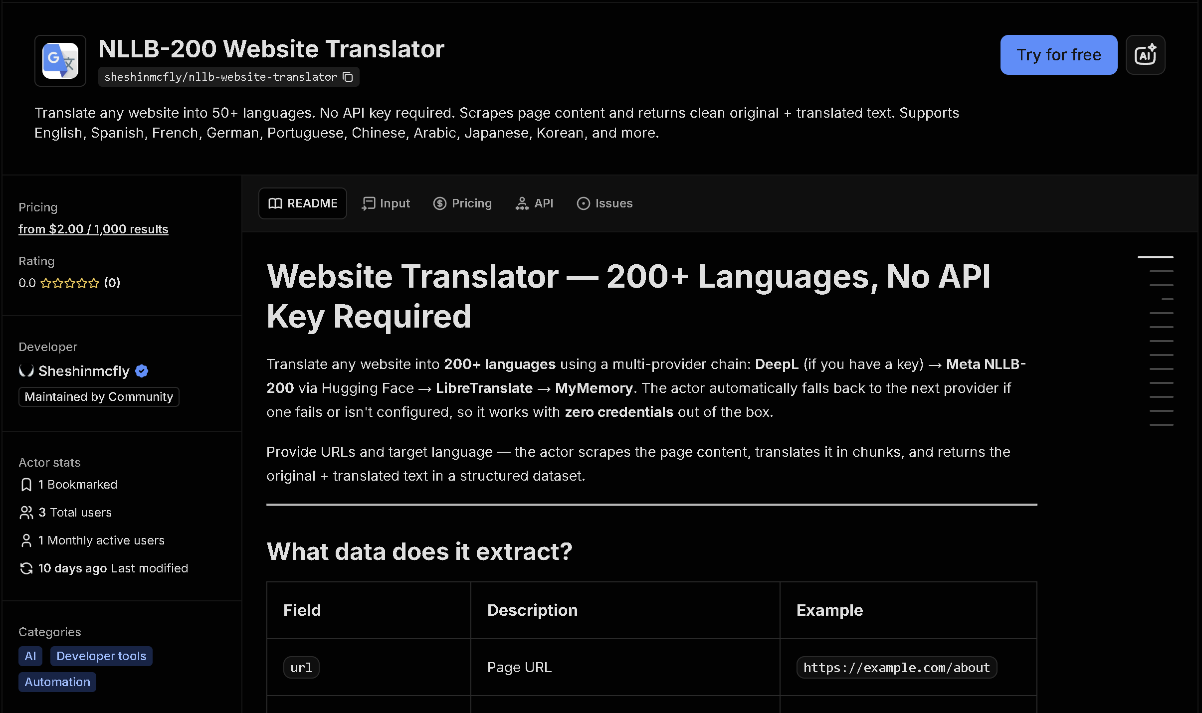 NLLB Website Translator tool page on Apify