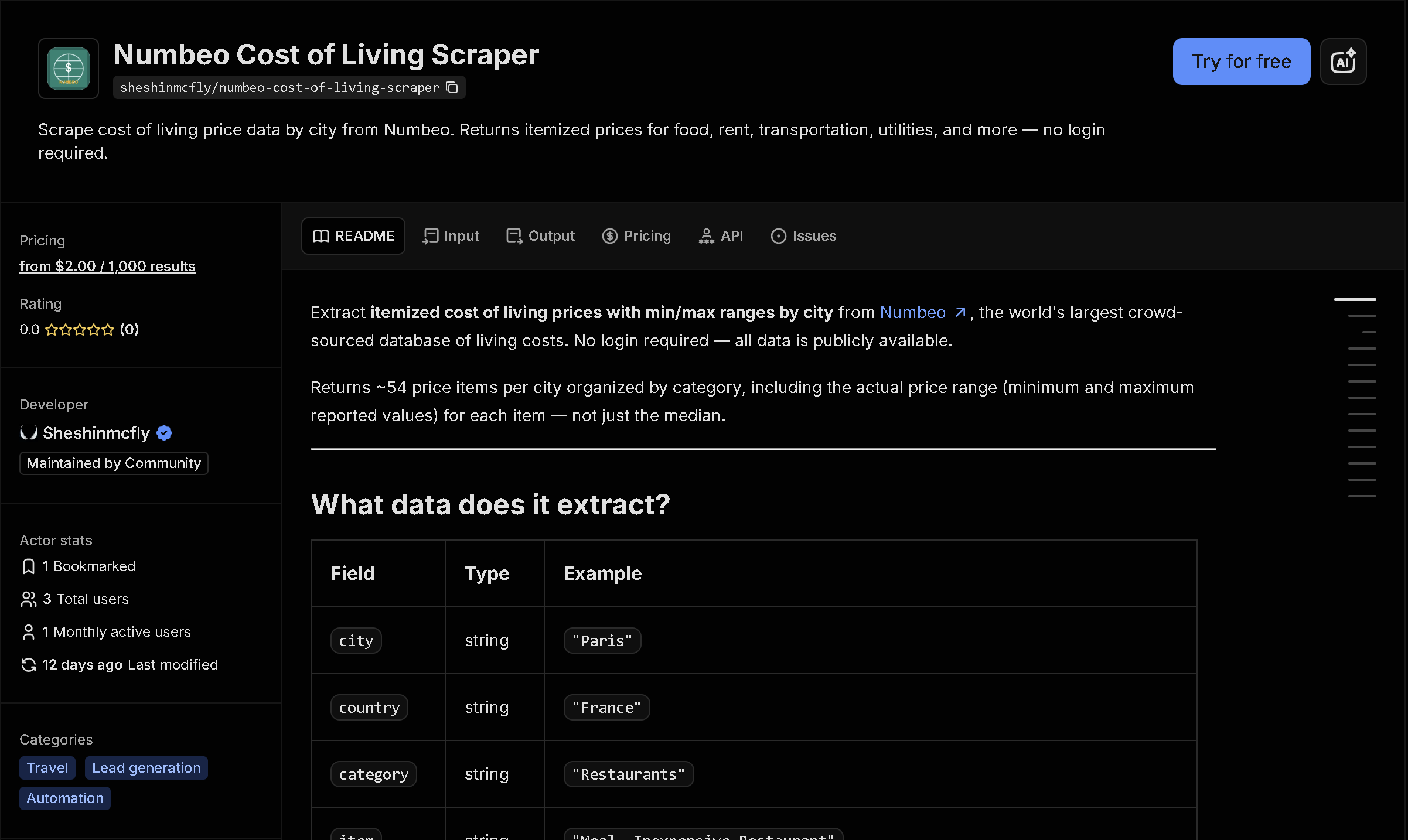 Numbeo Cost of Living Scraper tool page on Apify