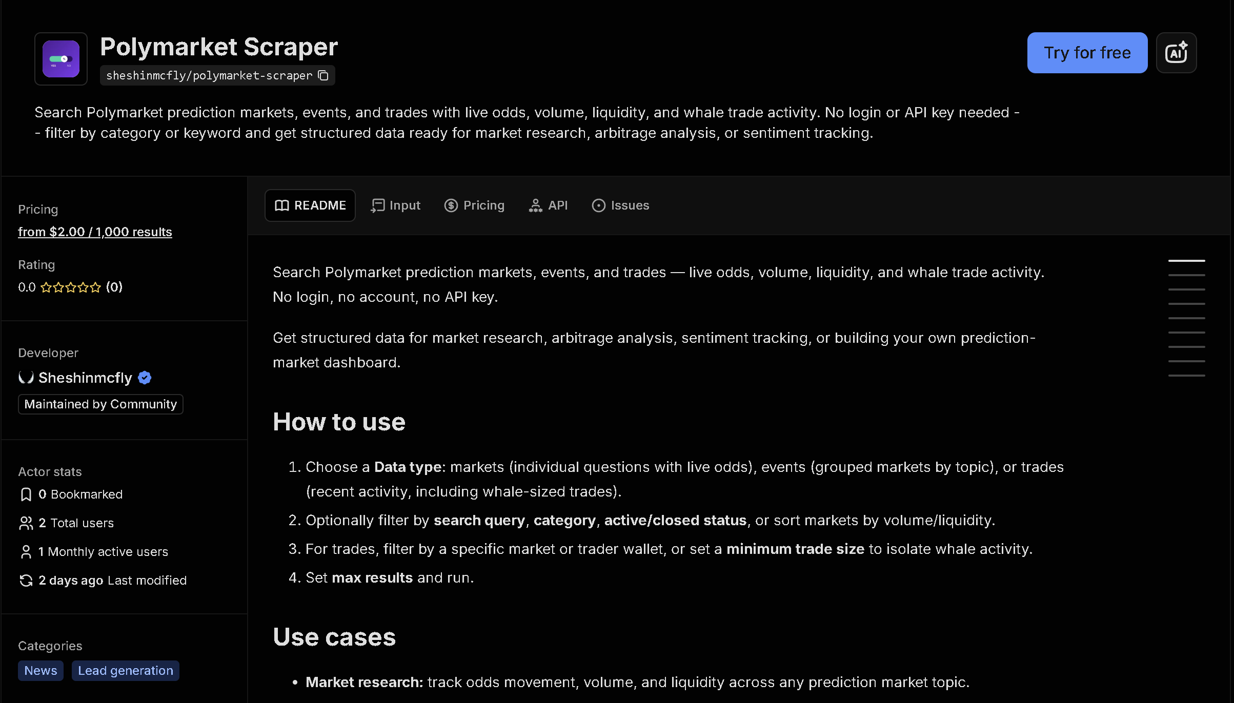 Polymarket Scraper tool page on Apify