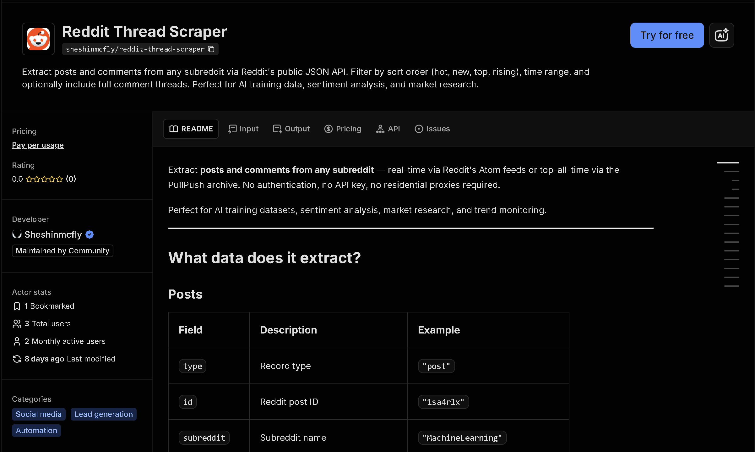 Reddit Thread Scraper tool page on Apify
