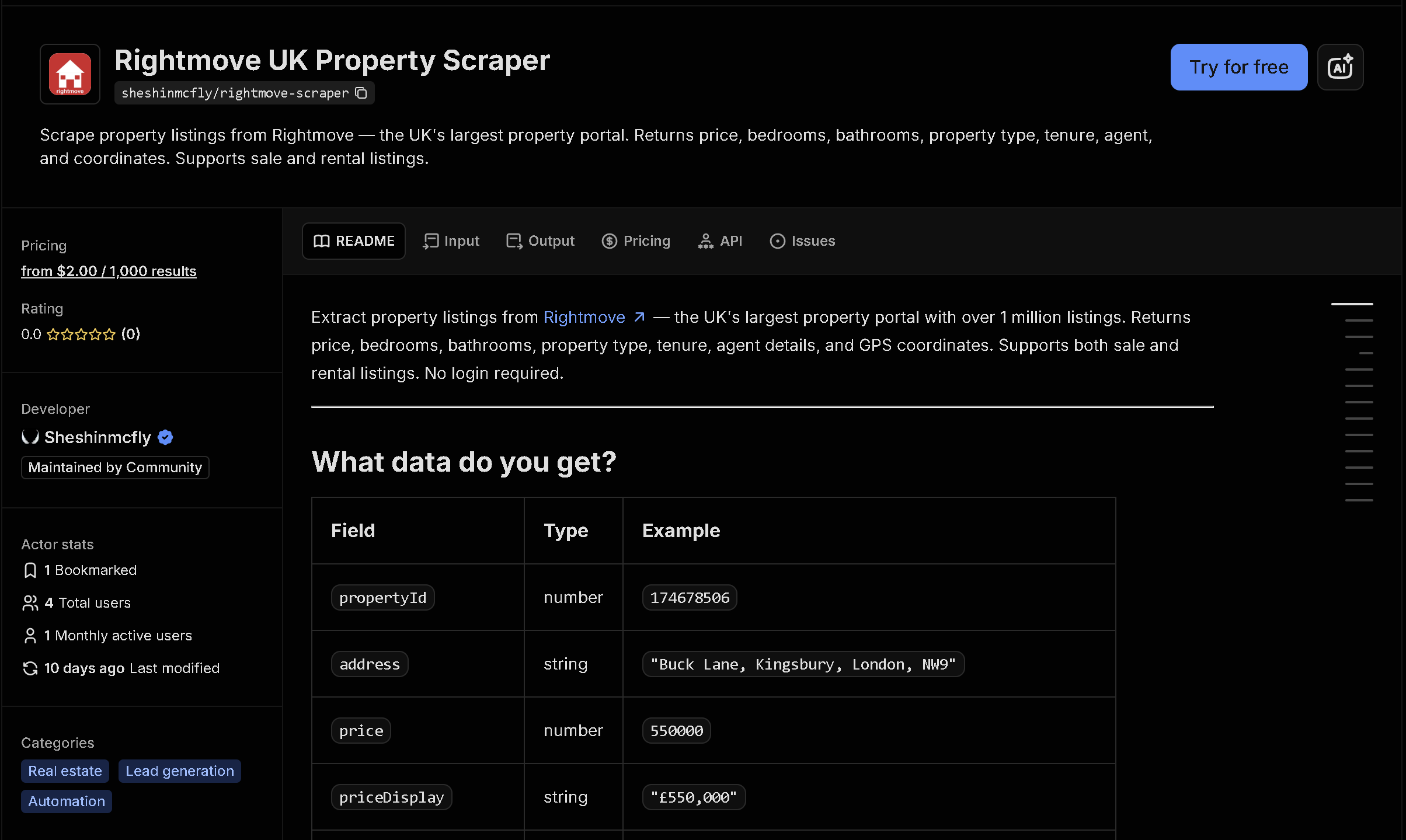 Rightmove UK Property Scraper tool page on Apify
