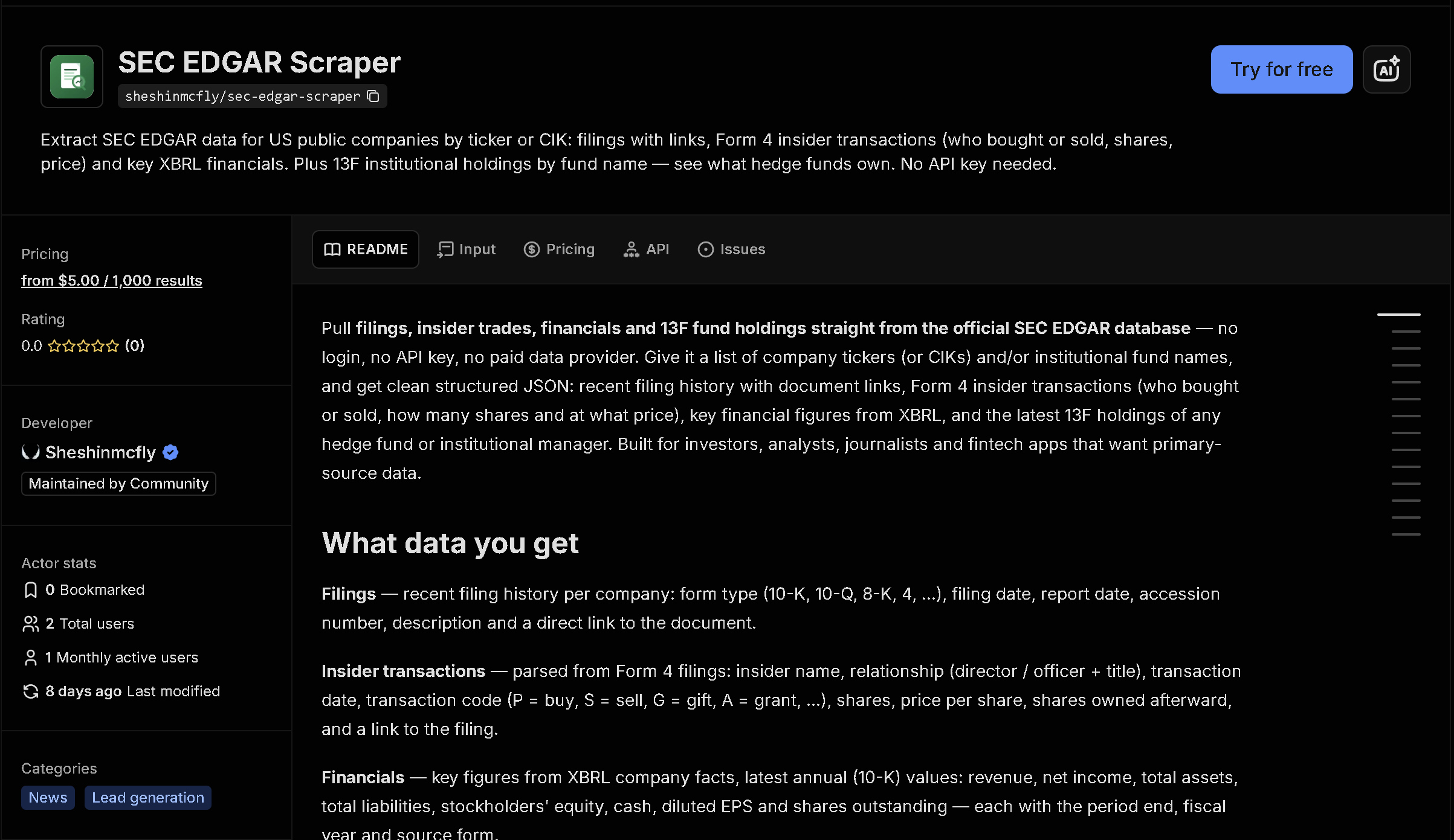 SEC EDGAR Scraper tool page on Apify
