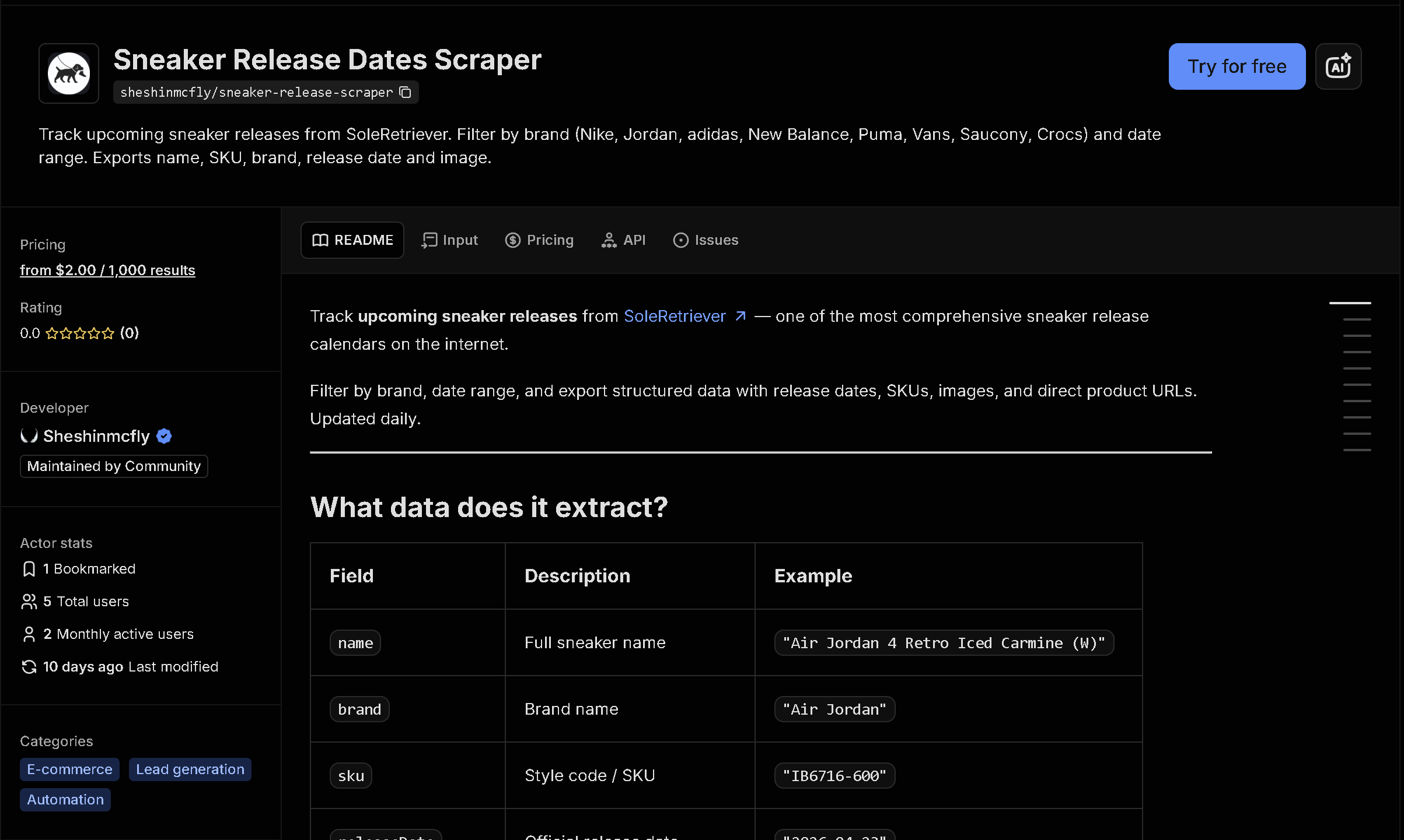 Sneaker Release Dates Scraper tool page on Apify