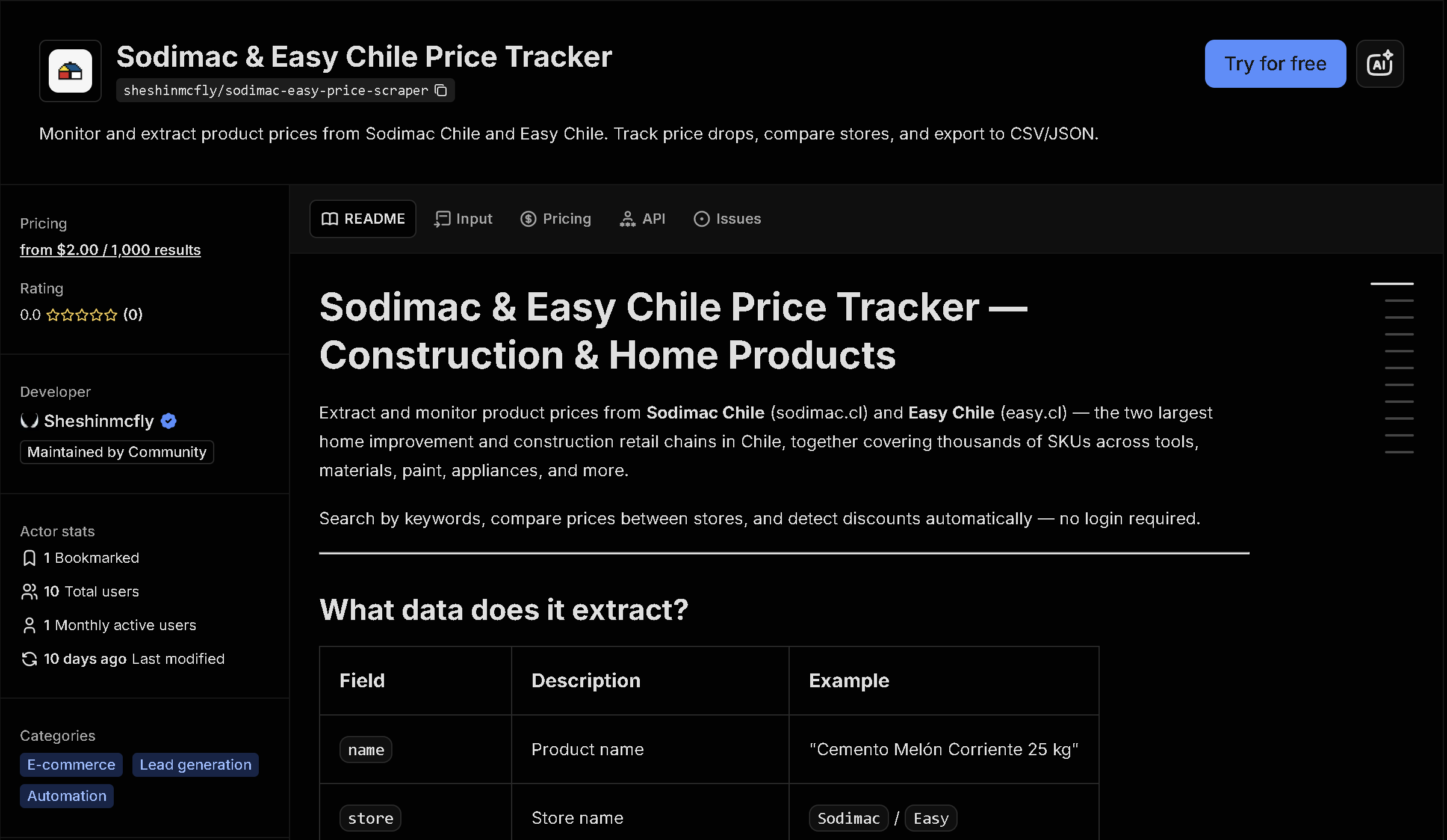 Sodimac & Easy Price Scraper tool page on Apify