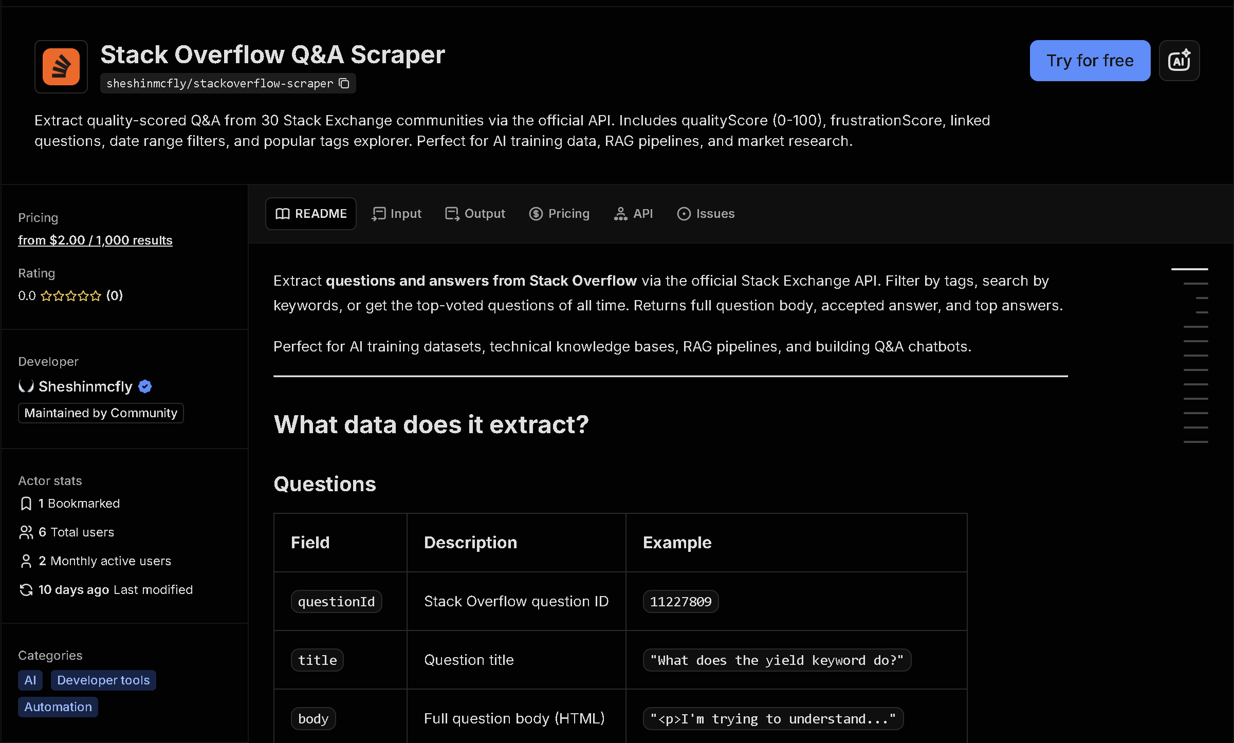 Stack Overflow Q&A Scraper tool page on Apify
