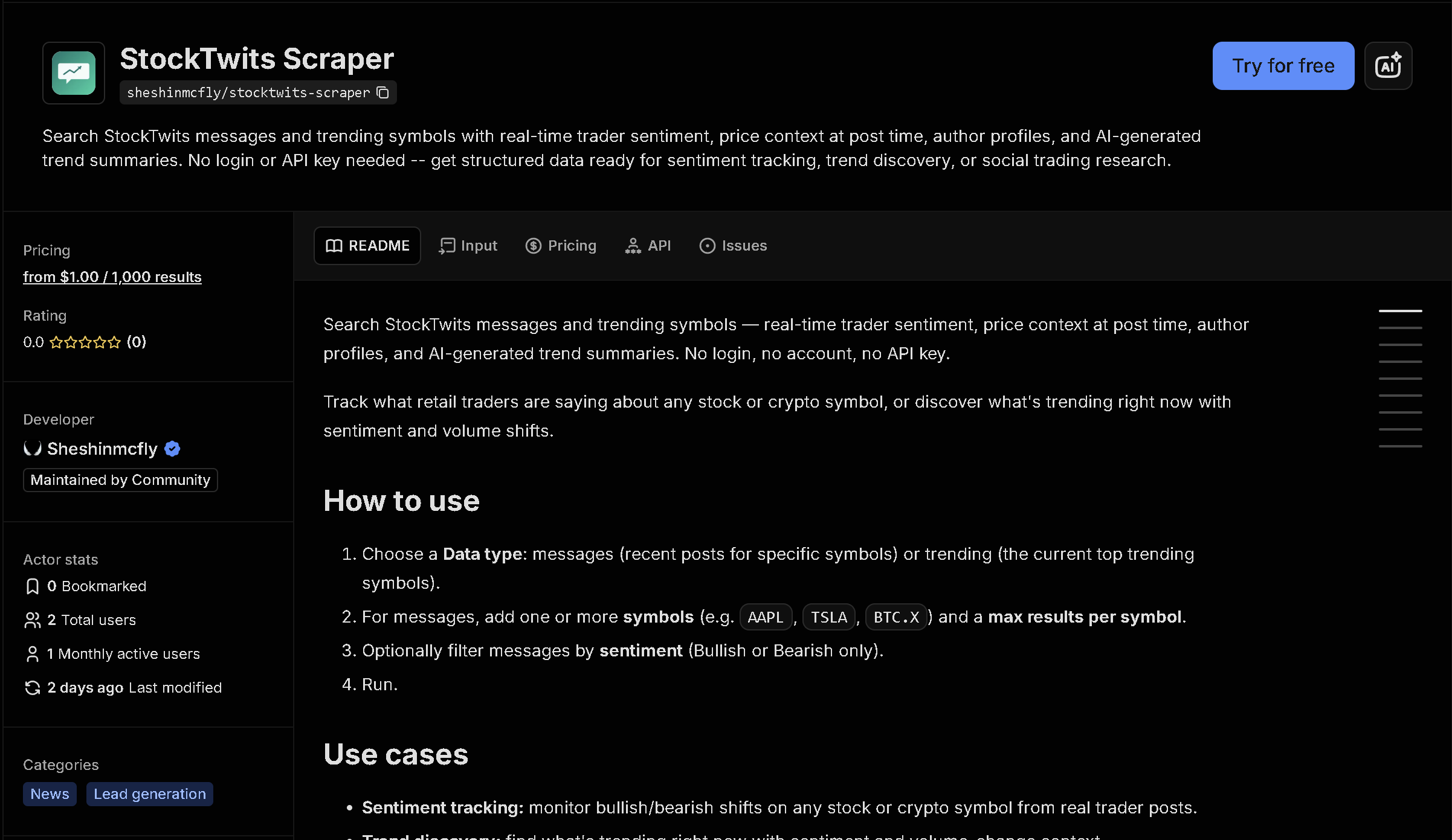 StockTwits Scraper tool page on Apify