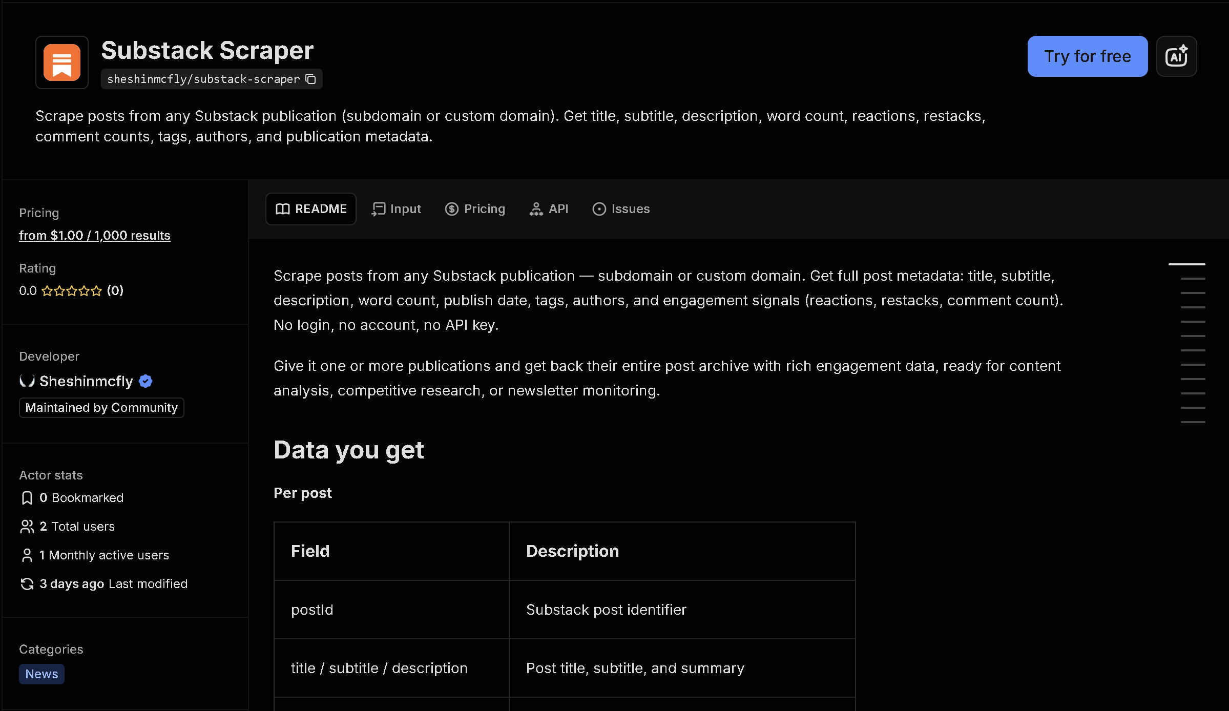 Substack Scraper tool page on Apify