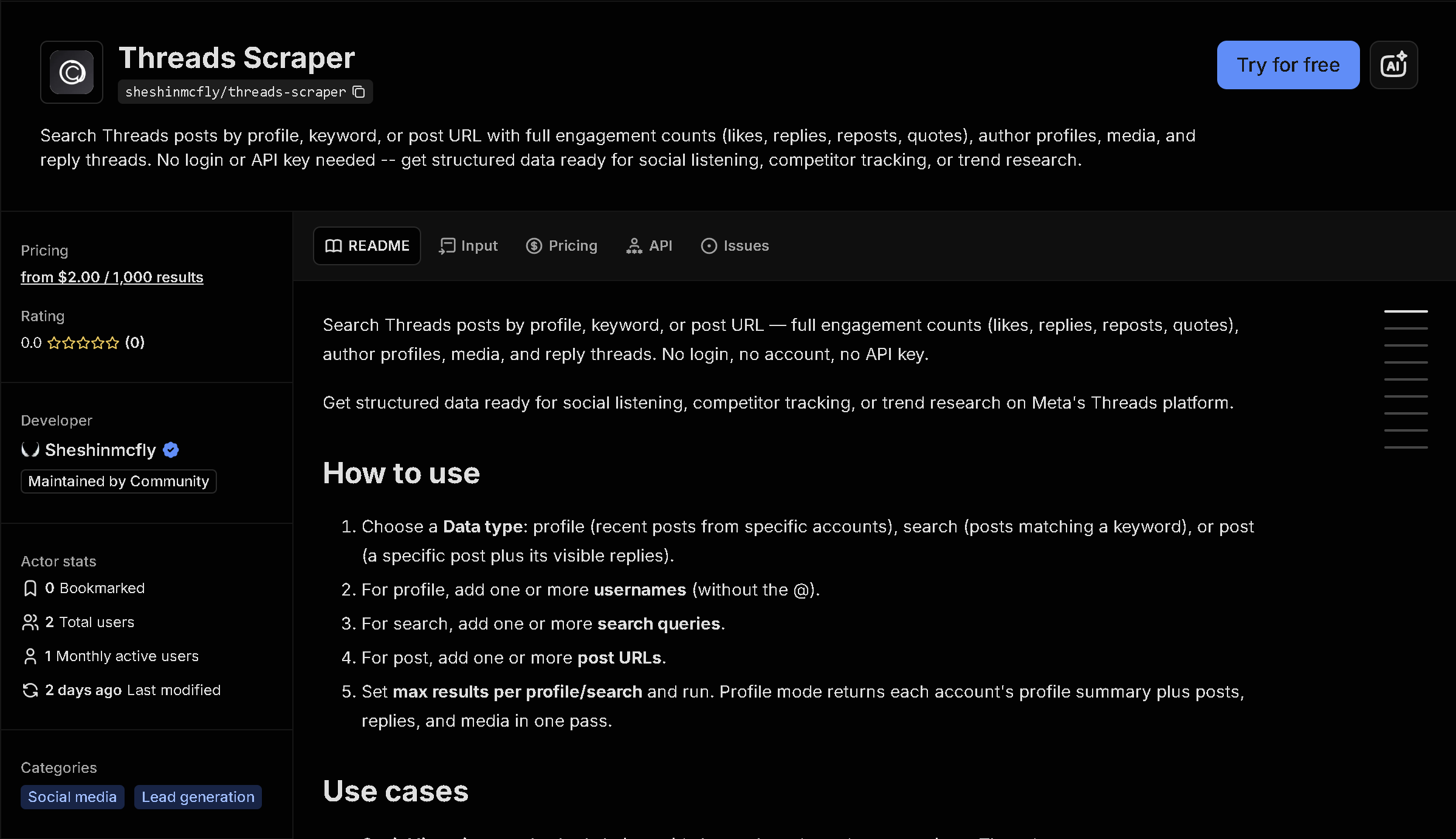 Threads Scraper tool page on Apify