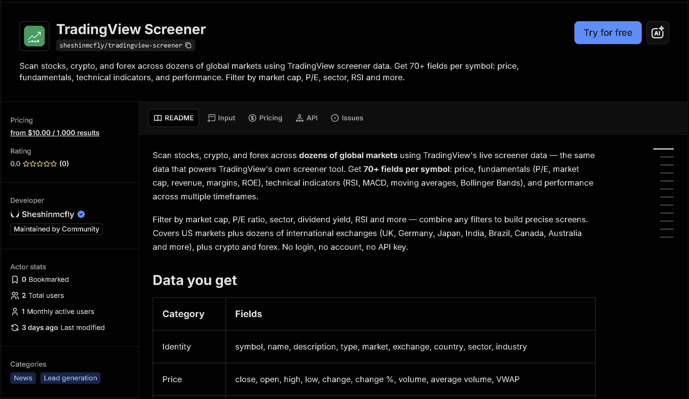 TradingView Screener tool page on Apify