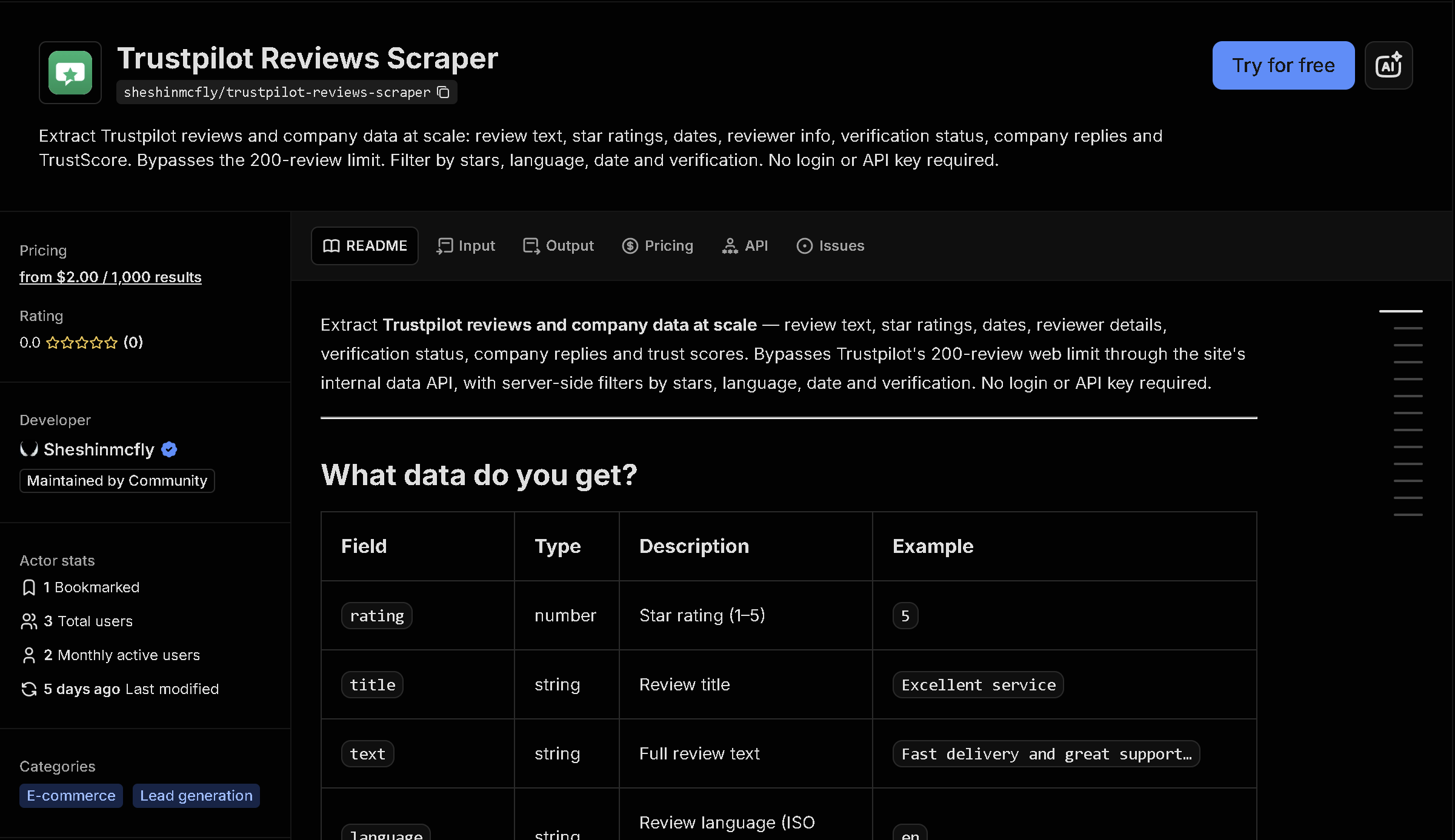 Trustpilot Reviews Scraper tool page on Apify