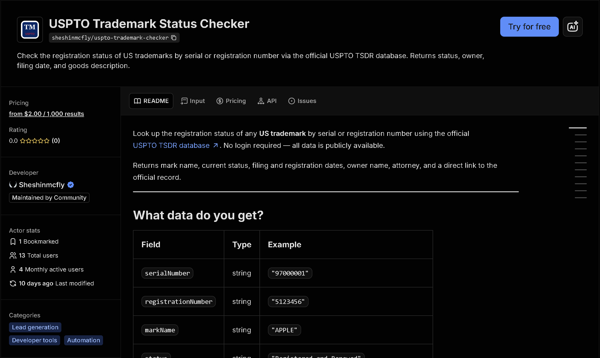 USPTO Trademark Checker tool page on Apify