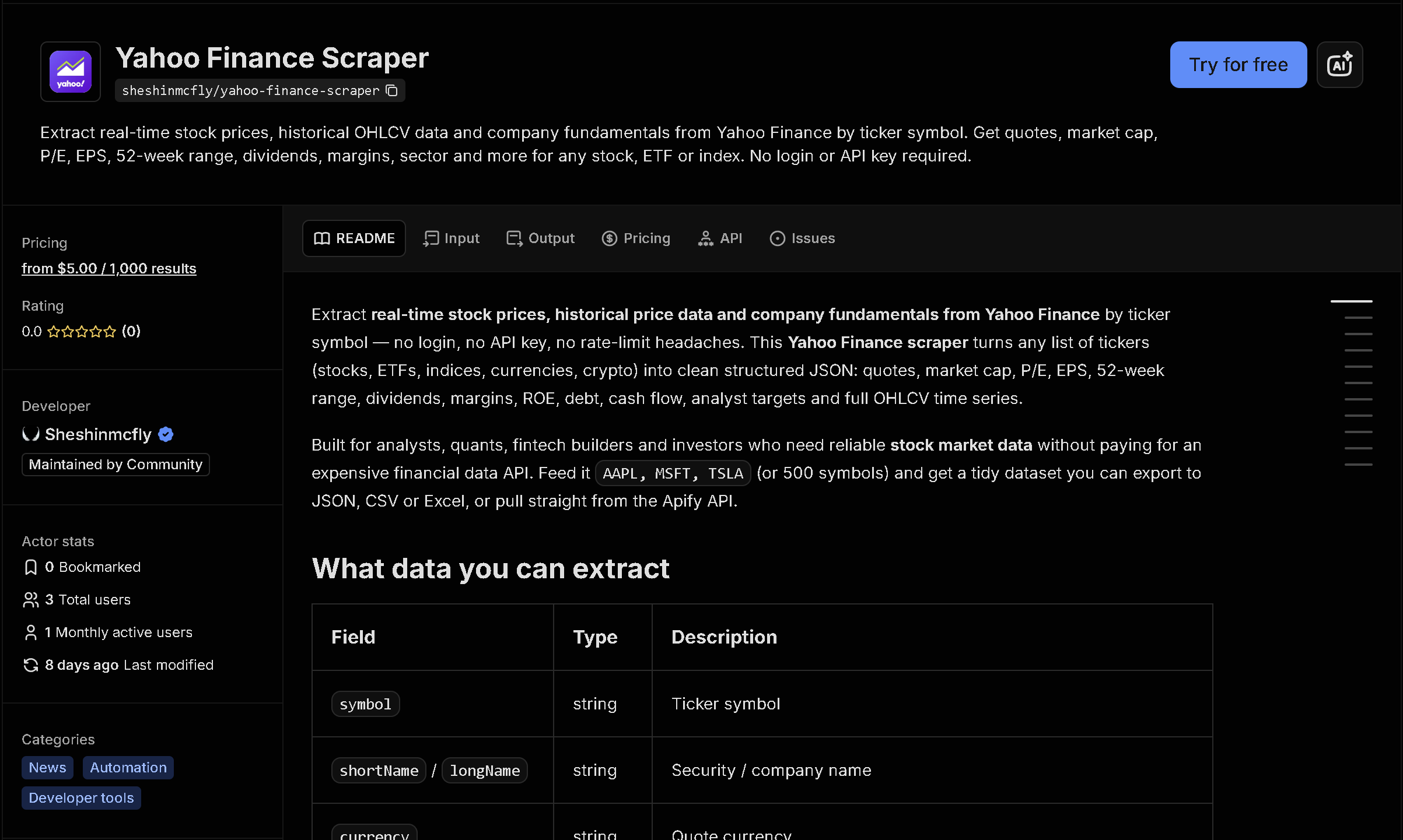 Yahoo Finance Scraper tool page on Apify