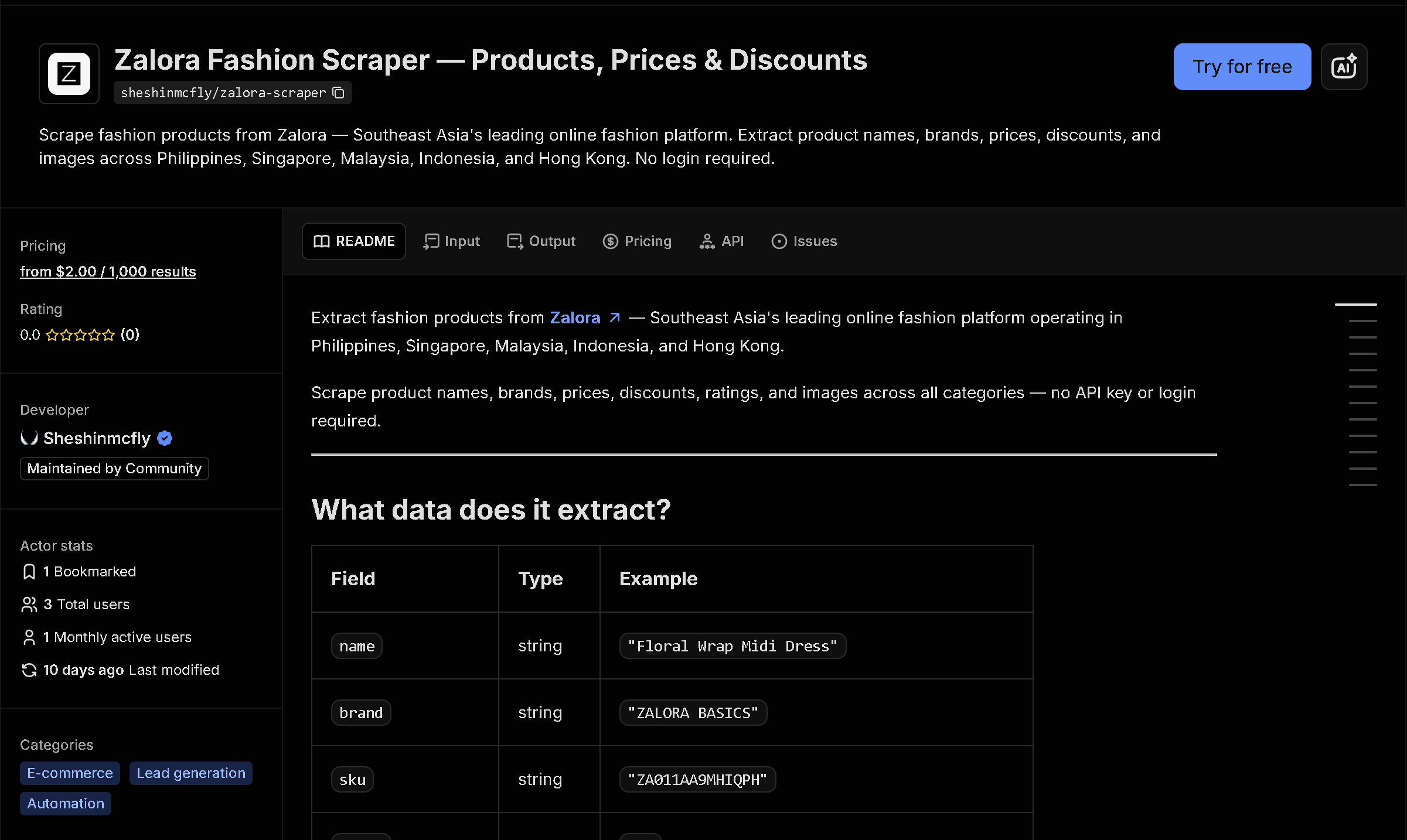 Zalora Scraper tool page on Apify